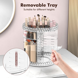 Clear makeup organizer with cosmetic products on a white surface, labeled 'Removable Tray'.