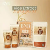BNB Rice Extract Bright & Glow Kit with face wash, scrub, and mask on a beige background