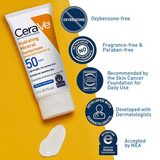 CeraVe hydrating mineral sunscreen tube on a yellow background with product features listed.
