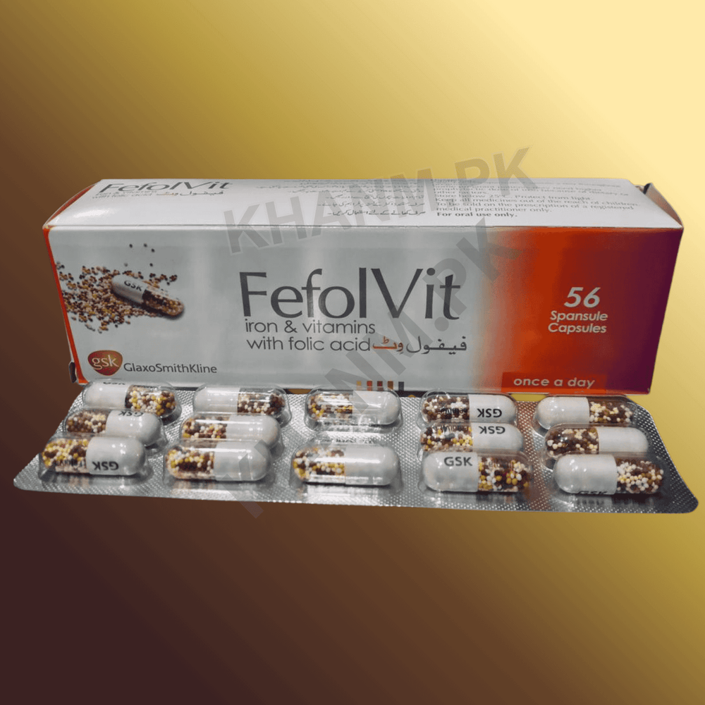 FefolVit iron and vitamins packaging with capsules on a gold gradient background