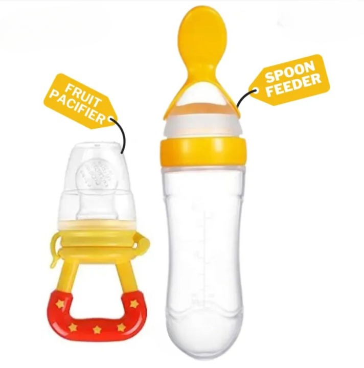 Fruit pacifier and spoon feeder with labels on a white background