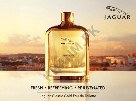 Jaguar Classic Gold Eau de Toilette bottle with a scenic background