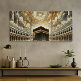 Triptych painting of a religious site on a wall above a wooden console table with decorative items.