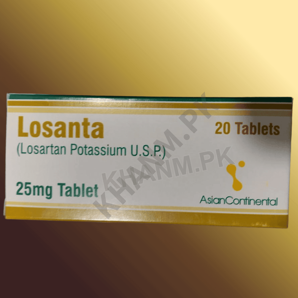 Box of Losanta tablets with branding on a gold background