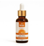 Brown bottle of Relax Vitamin C daily serum with dropper on a white background