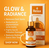Relax Vitamin C serum bottle and packaging on an orange background with text highlighting product benefits.