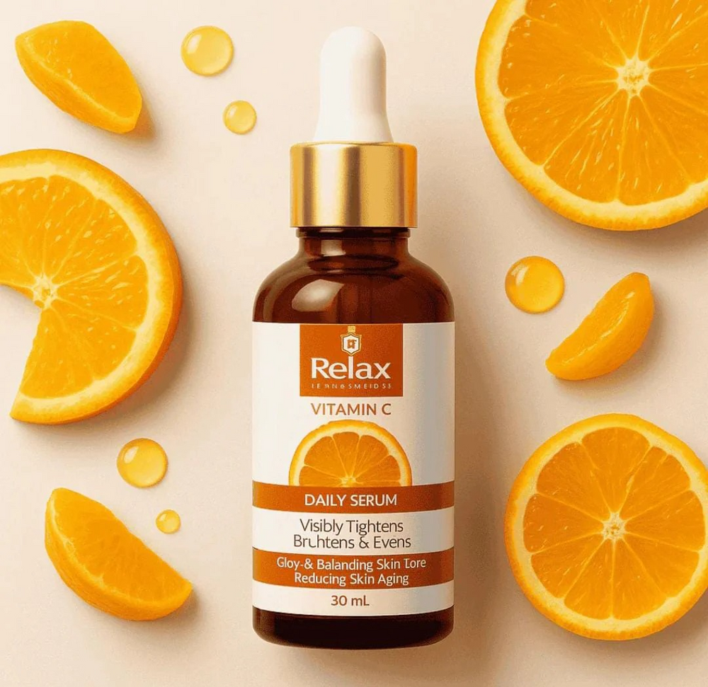 Relax Vitamin C daily serum bottle surrounded by sliced oranges on a beige background