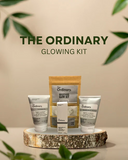 The Ordinary skincare products on a wooden stand with a beige background