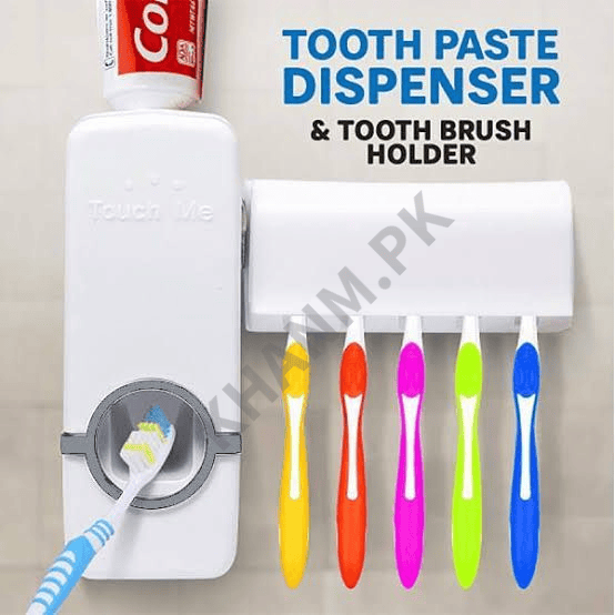 Toothpaste dispenser and toothbrush holder with colorful toothbrushes on a neutral background