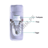 Toothpaste dispenser with labeled parts on a white background