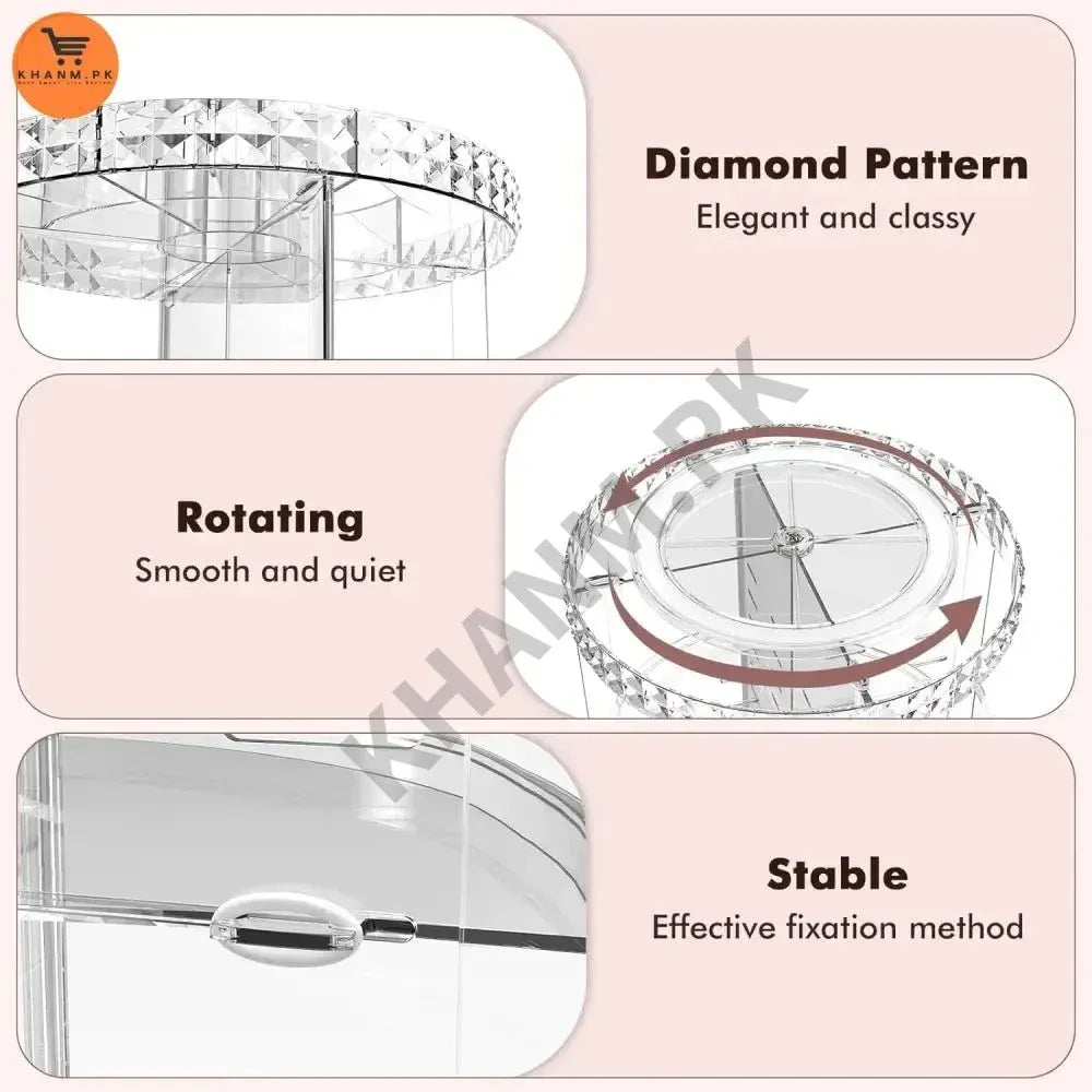 Product features with diamond pattern, rotating smoothness, and stable fixation method on a pink background.