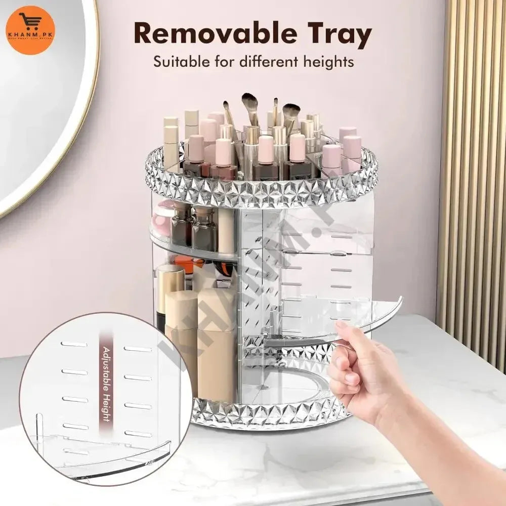 Clear makeup organizer with cosmetic products on a white surface, labeled 'Removable Tray'.