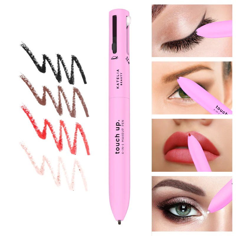 Pink makeup touch-up pen with color swatches and application examples on a white background