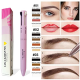 Makeup pen with packaging and color application examples on a white background