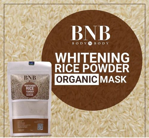 BNB Whitening Rice Powder Organic Mask packaging on a rice background