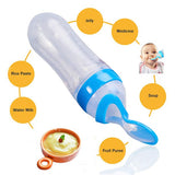 Baby feeding spoon with blue handle and clear container, surrounded by text labels on a white background.