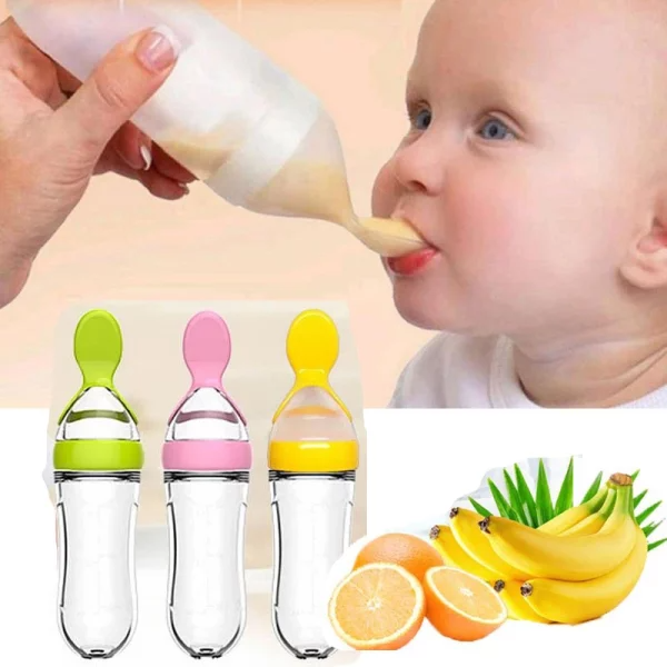 Baby being fed with a spoon, surrounded by colorful baby food feeders and fruits.