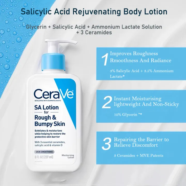 CeraVe SA Lotion for Rough & Bumpy Skin with product details on a white and blue background