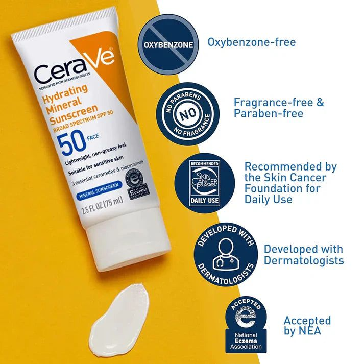 CeraVe hydrating mineral sunscreen tube on a yellow background with product features listed.