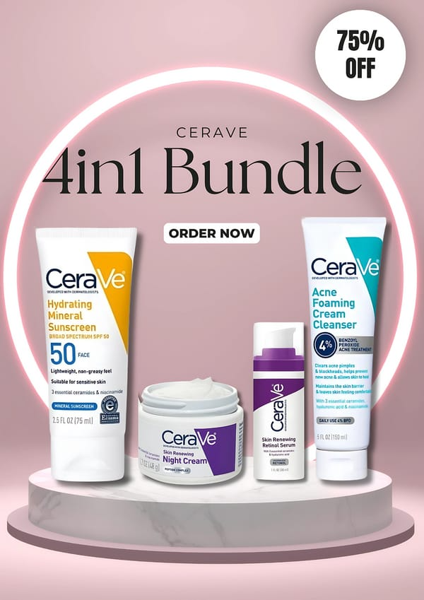 CeraVe skincare products on a pink background with promotional text.