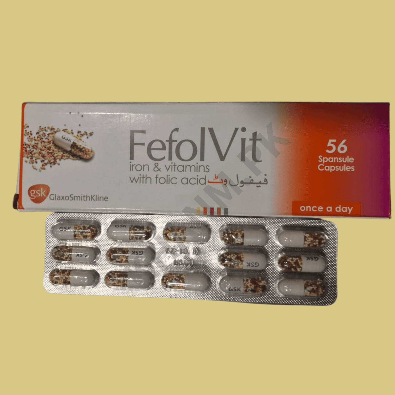 FefolVit iron and vitamins packaging with capsules on a beige background