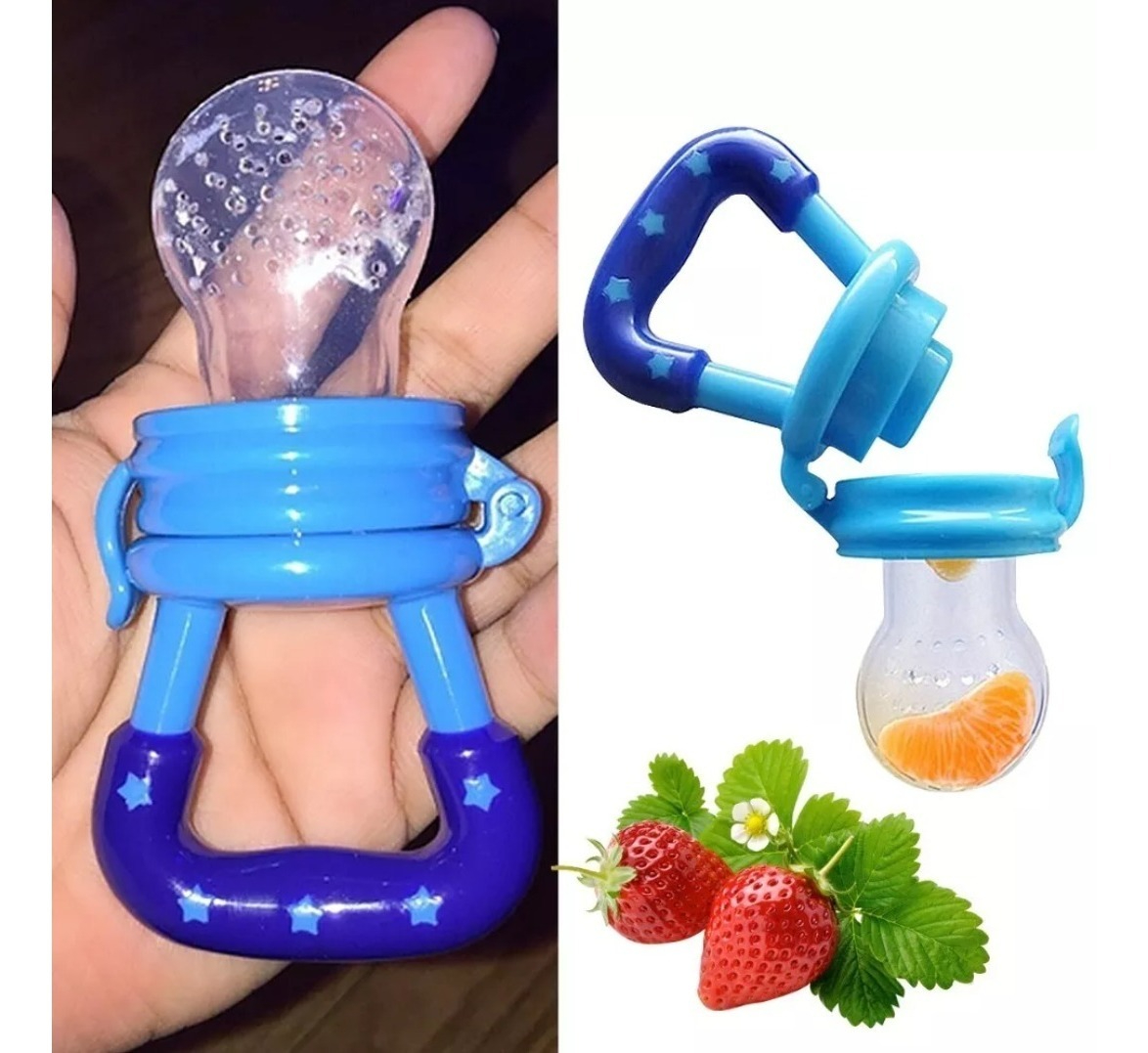 Blue baby fruit feeder held in a hand with additional images of strawberries and orange slices.