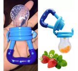 Blue baby fruit feeder held in a hand with additional images of strawberries and orange slices.