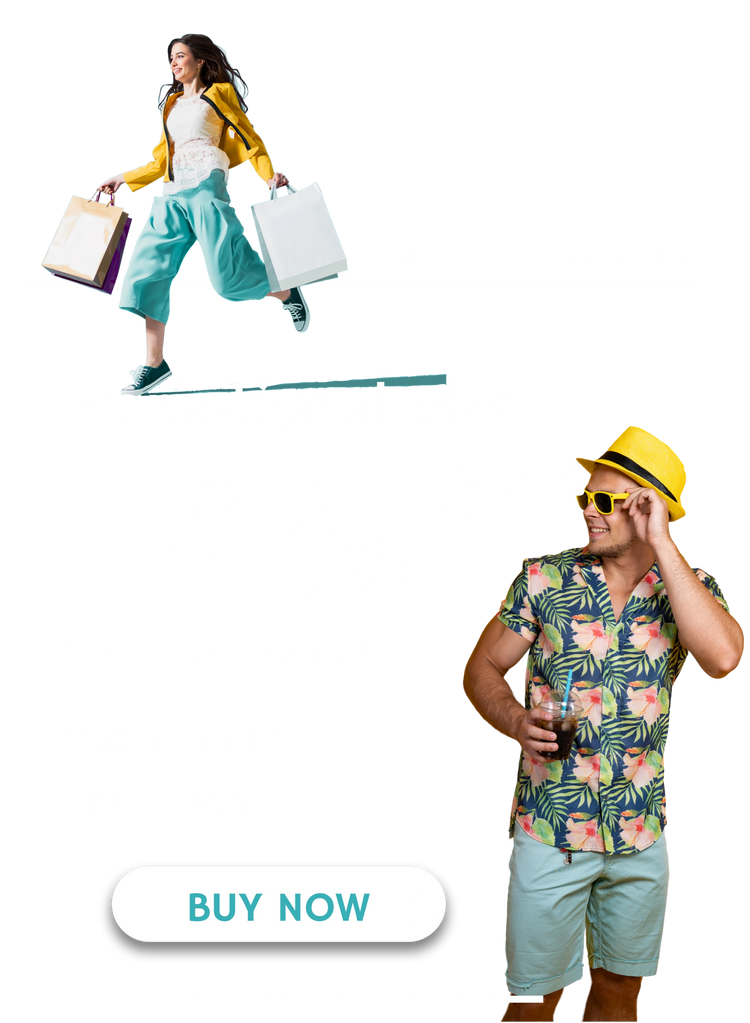 Two people in colorful outfits with shopping bags and a 'BUY NOW' button on a white background.