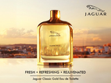 Jaguar Classic Gold Eau de Toilette bottle with a scenic background