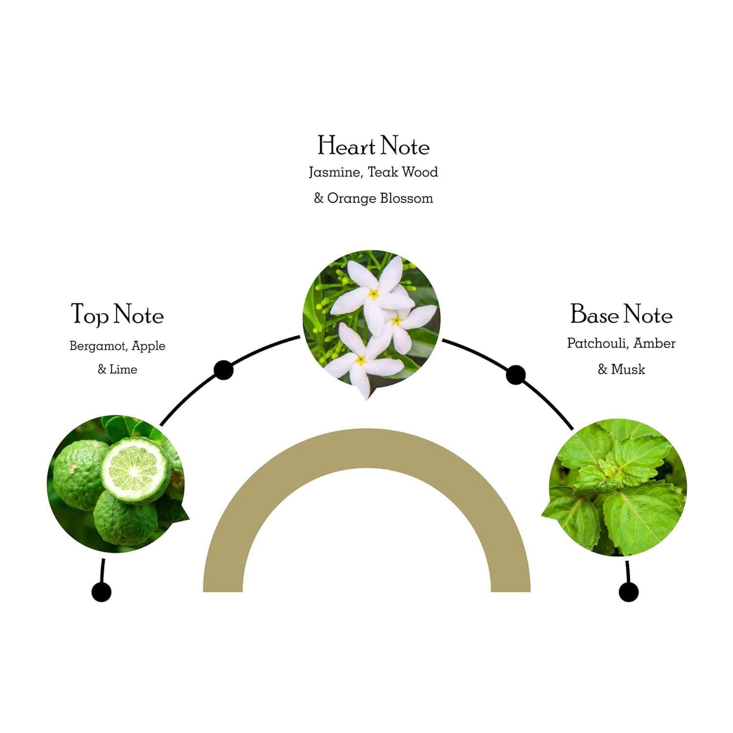 Diagram of a fragrance's top, heart, and base notes with corresponding images of flowers and fruits.