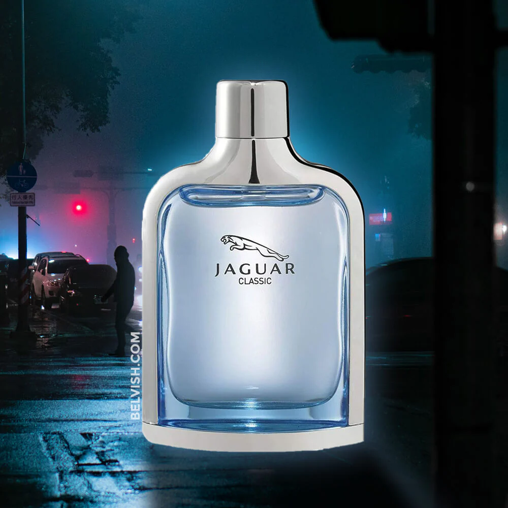 Jaguar Classic perfume bottle with a city street in the background