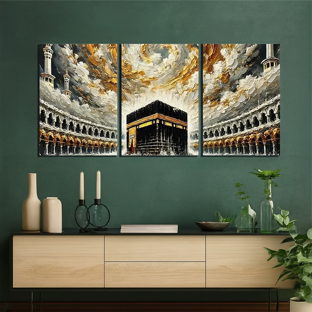 Three-piece wall art set depicting a religious landmark on a green wall above a wooden cabinet.