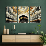 Three-piece wall art set depicting a religious landmark on a green wall above a wooden cabinet.