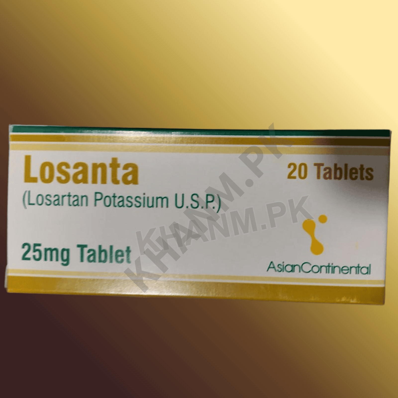 Box of Losanta tablets with branding on a gold background