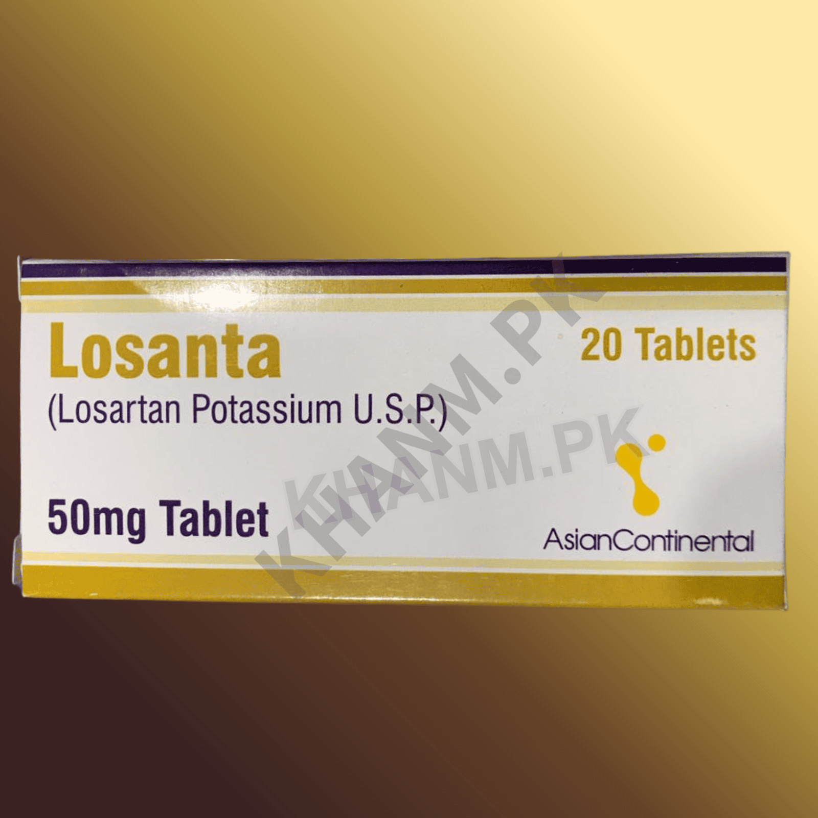 Box of Losanta tablets with branding on a gold background