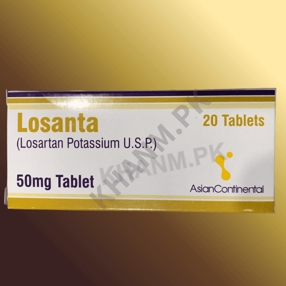Box of Losanta tablets with branding on a gold background