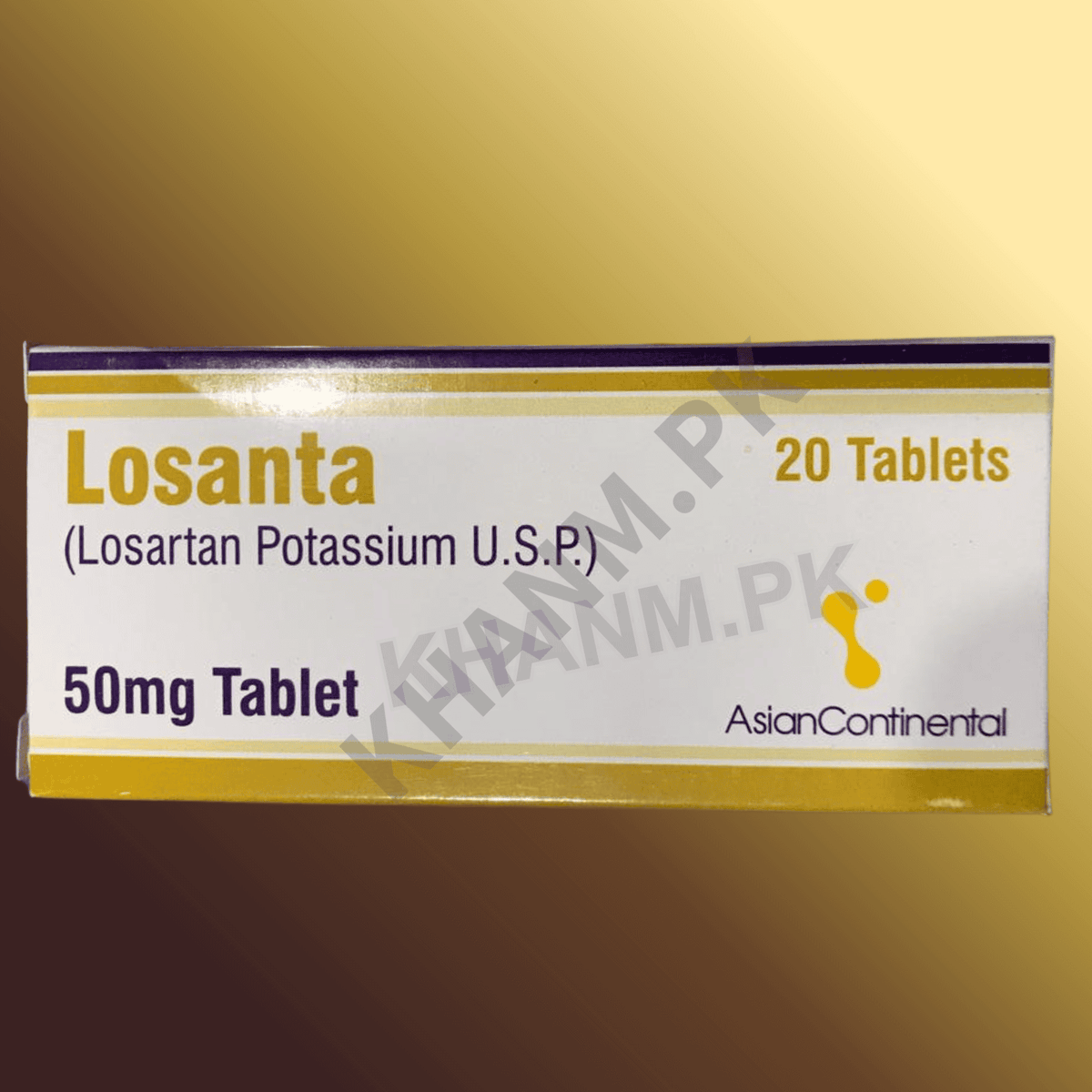 Box of Losanta tablets with branding on a gold background