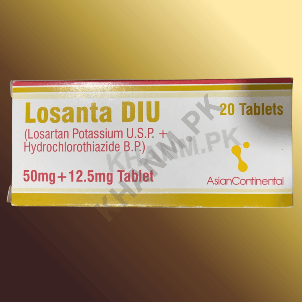 Box of Losanta DIU tablets with brand name on a gold background