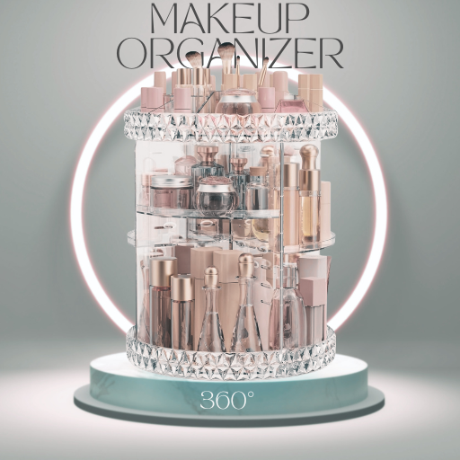 Makeup organizer with various cosmetic items on a gray background