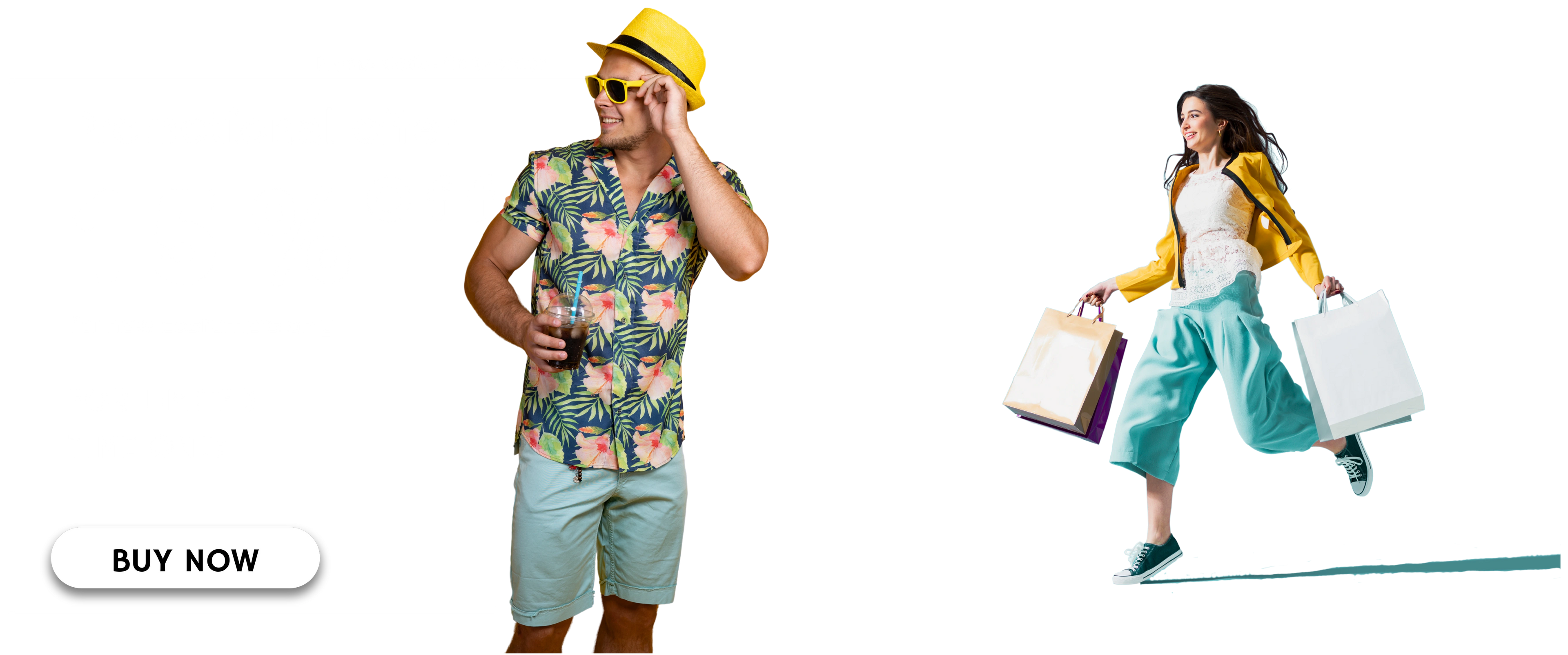 Two people in colorful outfits with shopping bags on a white background