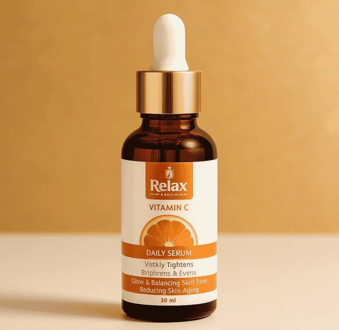 Relax Vitamin C daily serum bottle with dropper on a beige background