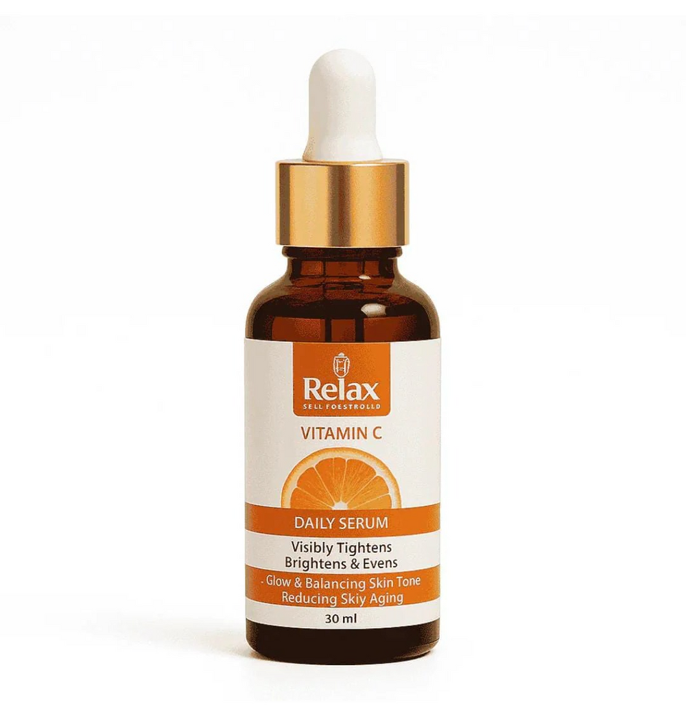Brown bottle of Relax Vitamin C daily serum with dropper on a white background