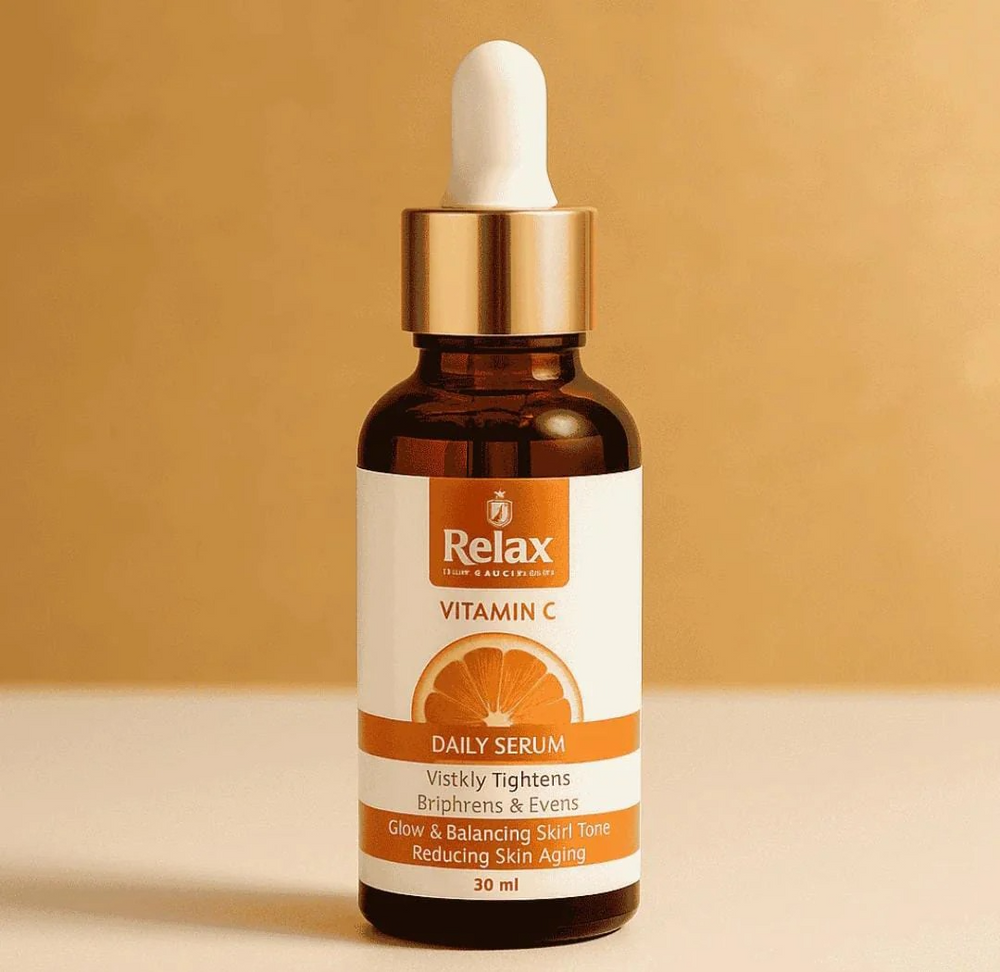 Relax Vitamin C daily serum bottle with dropper on a beige background