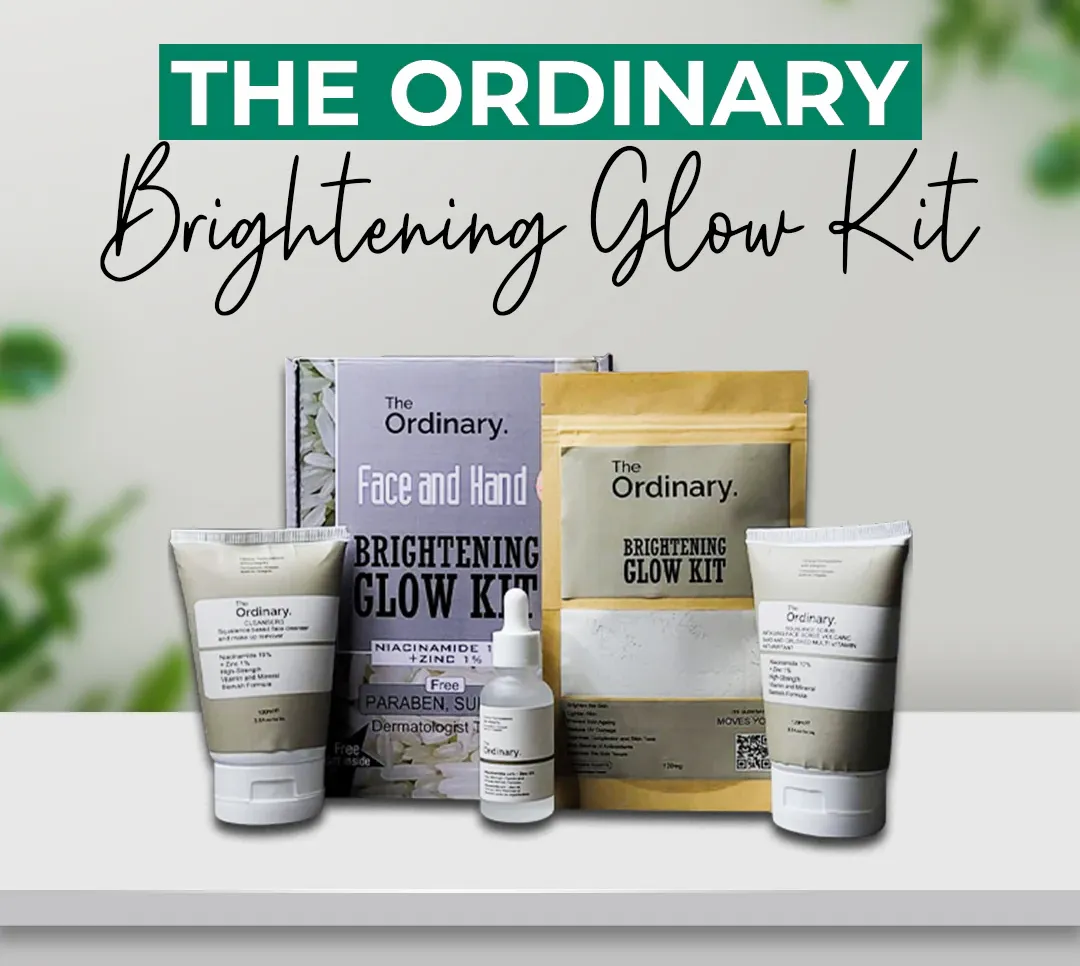 The Ordinary Brightening Glow Kit with products and packaging on a white surface.