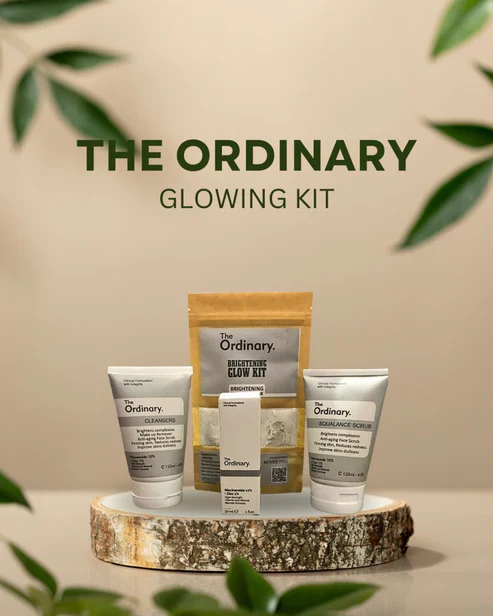 The Ordinary skincare products on a wooden stand with a beige background