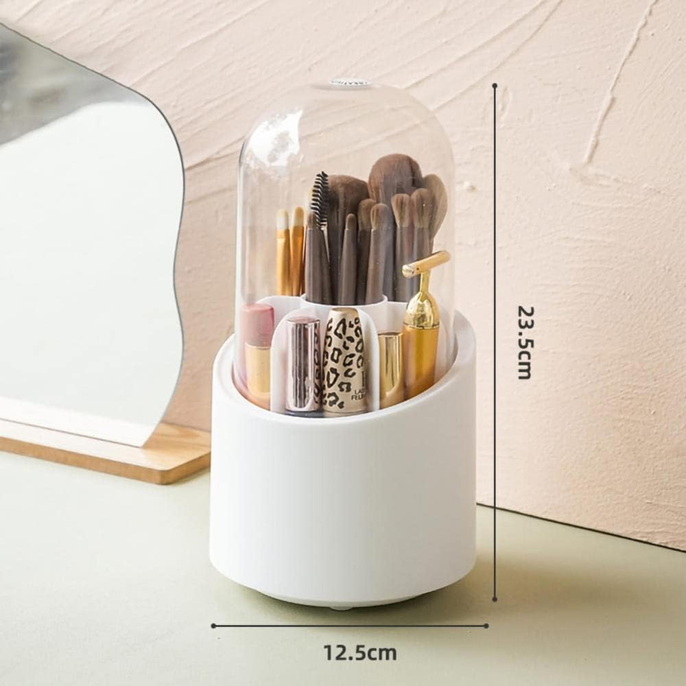 White cylindrical holder with makeup brushes and products under a glass dome, with dimensions displayed.