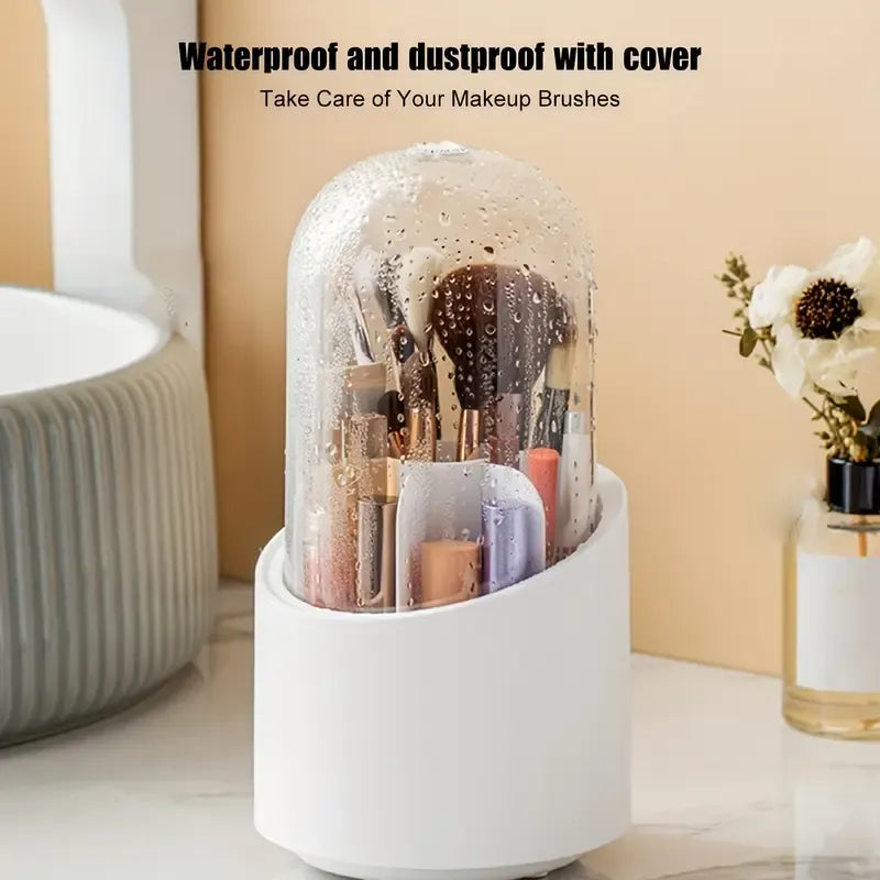 Makeup brush set in a white holder with a cover, on a neutral background.